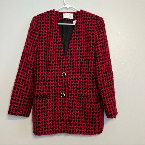 Vintage Lord & Taylor Houndstooth Tweed Blazer Red Black Wool Mohair Sz 10 - Picture 1 of 14